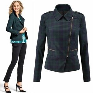 Cabi Tartan Plaid Asymmetrical Zip Jacket Sz 8 navy blue green